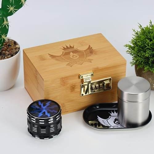 Stash Box with Accessories, Smell Proof Set, Lockable Stashbox Combo Kit,Metal Rolling Tray,Stainless Steel Jar,Happy Smoking Rolling Box