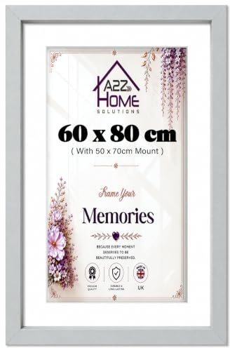 A2Z Home Solutions® Poster Frame Light Grey 80x60 cm With Mount 50x70 cm Picture Photo Print HD Clear Aclyric Front Frame With Matting White Boarder Wall Mounting Hooks
