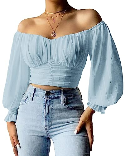 MIRACMODA Woman Off Shoulder Ruched Tie Back Lantern Sleeve Crop Tube Top Chiffon Blouse, T-Sky Blue, M