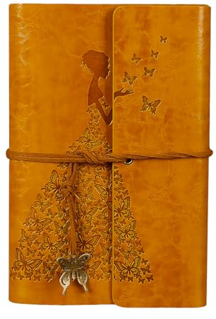 ANCLLO A6 Vintage Journal en Cuir Relié à Spirale Carnet de Croquis Rechargeable Journal de Voyage Vierge Personnalisé Reliure à Anneaux Journal pour Femmes Filles Cadeaux (Jaune)