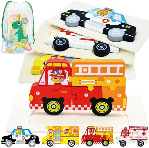 Dr. MUYA Holzpuzzle für Kinder 2 3 4 5 Jahren, Montessori Spielzeug, Lernendes Holzspielzeug, Pädagogisches Kinderspielzeug, 4 Stück, Feuerwehrauto Polizeiauto, Geschenk für Jungen