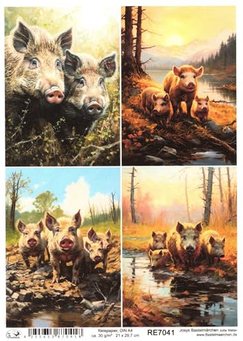 Josys Bastelmärchen Reispapier DIN A4 Strohseide Decoupage Motiv Wildschweine Frischlinge RE7041
