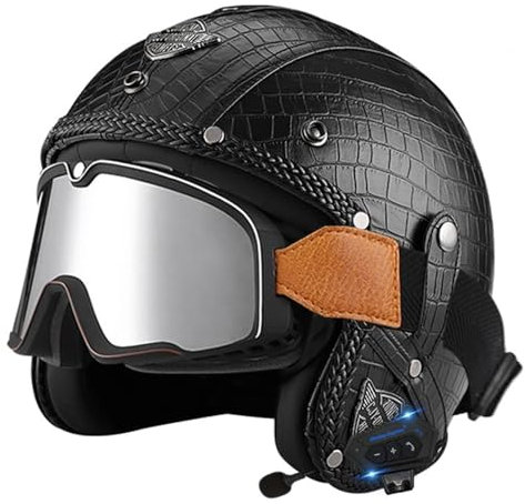 Motorradhelm Bluetooth Jethelm mit Schutzbrille Retro Pilotenhelm Qualität nach ECE-Norm Roller-Helm für Frauen und Herren im Vintage-Look, Motorrad-Helm mit Schutzbrille(2,L=59-60CM)