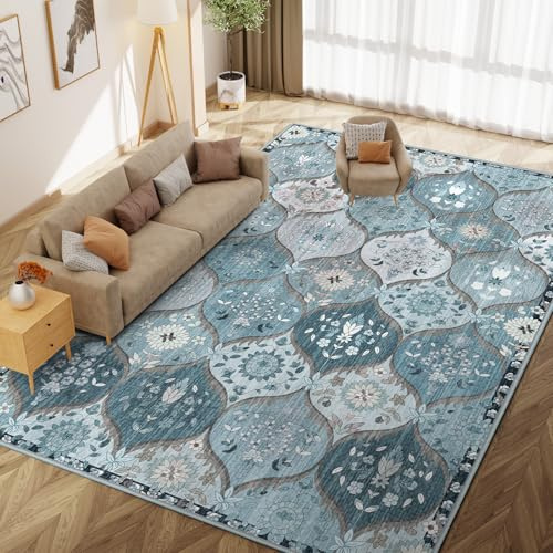 IKALIFE Large Rugs for Living Room - 200x300 cm Machine Washable Soft Low Pile Non-Slip Vintage Floral Print Area Rugs for Lounge Bedroom Dining Room, Non-Shedding Stain Resistant Carpet, Blue