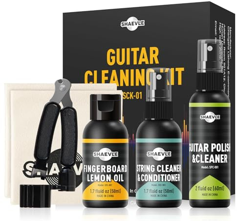 Kit de limpieza para guitarra: 60 ml de abrillantador + 50 ml de aceite de limón para diapasón y limpiador de cuerdas. Set de mantenimiento (Guitar Cleaning Kit)