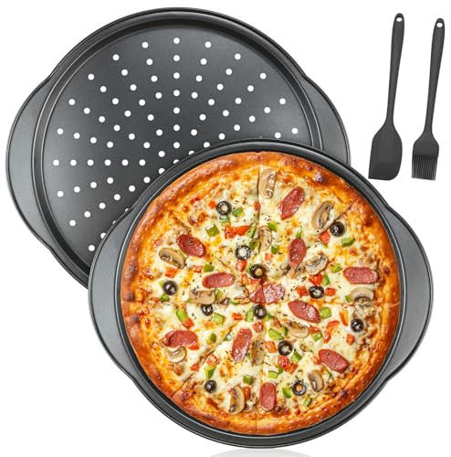 2 Pack Pizza Trays for Oven, 12 inch Non Stick Pizza Pans with Holes and Handle, Round Perforated Carbon Steel Pizza Baking Tray with Oil Brush and Scraper for Cooking, Baking, Dishwasher Safe