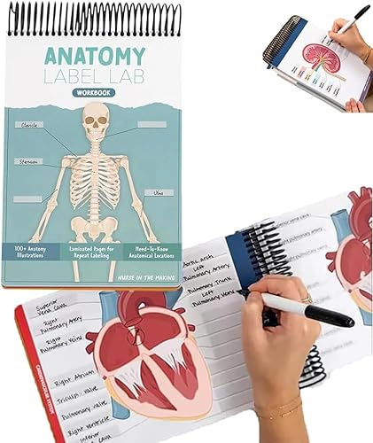 Cuaderno de trabajo de laboratorio de etiquetas de anatomía, libro de trabajo creativo de anatomía humana, cuaderno de informes esenciales para enfermeras, más de 100 páginas de borrado en seco a todo
