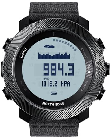 NORTH EDGE Apache-D Outdoor Adventure Watch for Men, Free Diving Watch with Compass, Altimeter, Barometer, Thermometer, 100M Waterproof Rechargeable Digital Hiking Watch