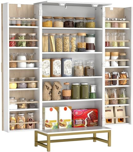HOMCOM Armario de Cocina, Armario Despensa Cocina, con 2 Puertas con 12 Estantes, Alacena Moderna, con 5 Estantes Ajustables, Base de Acero, para Comedor, Salón, 58x29x119,5 cm, Blanco