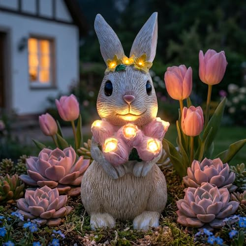 MDIOUM Solar Rabbit Statue Garden Ornament with LED Lights | Outdoor Decoration, Art Sculptures for Patio Lawn Porch Ornaments, Unique Gift