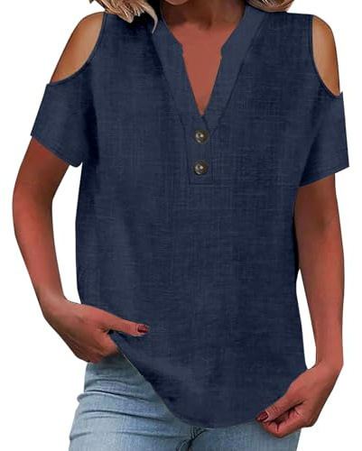 Maglietta Donna Lino Cotone con Spalle Scoperte, Top Estivo Scollo a V Henley con Bottoni, Blusa Casual Oversize Leggera Traspirante, Camicetta Donna Elegante Tinta Unita Comoda Camicia in Lino