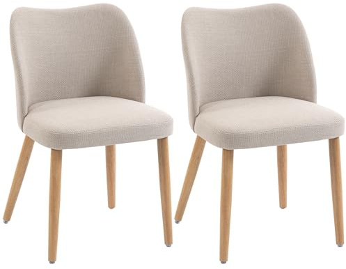 HOMCOM Set di 2 Sedie Sala da Pranzo in Tessuto Effetto Lino, Sedie Cucina Scandinave con Gambe in Legno di Caucciù, Schienale Curvo, Sedia Imbottita per Cucina, Camera da Letto, Soggiorno, Crema