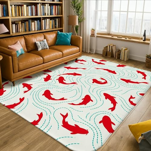 Tappeto per area carpa, onde asiatiche contemporanee turbinio estate rosso tappeti antiscivolo resistenti allo sbiadimento tappeto estetico per la casa, per soggiorno, camera da letto, sotto il tavolo