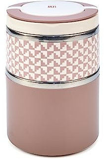 IRIS BARCELONA - Lunch Box Doble, Fiambrera Térmica Acero Inox, 2 Compartimentos, Tapa Aislante y Asa, 900 ml Rosa