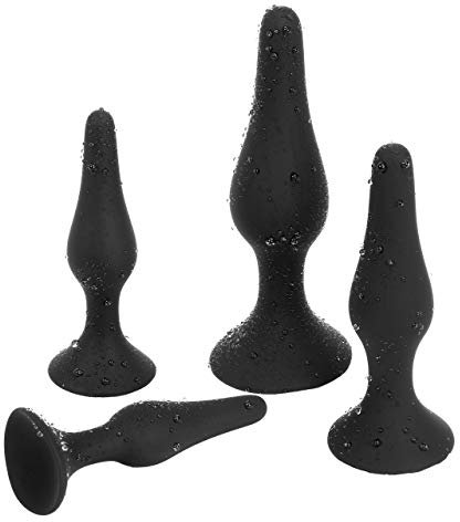 Belmalia 4X Anal-Plug with Strong Suction Cup, Erotic Desire for Him and Her with Smooth Silicone Dildo Set S + M + L + XL, Butt-Plug Black