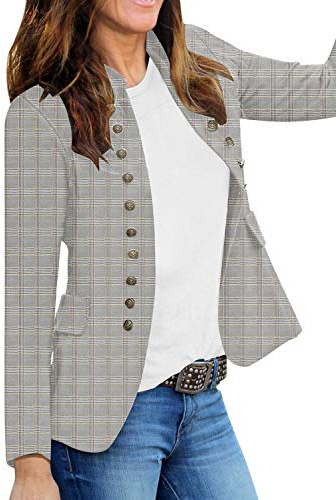 Roskiky - Giacca casual da donna, a tinta unita, aperta sul davanti, colletto alla coreana, con bottoni, giacca da ufficio, A tinta unita, L
