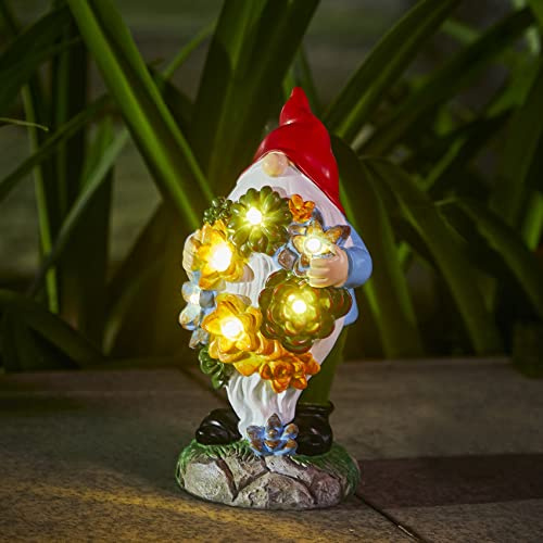 GUTE Garden Gnome Statue - Electric Solar Light Up Flower Bouquet Gnome Figurine, Bright Flowers LED Lights, Large Outdoor Decorations - Patio Yard Lawn Porch, Garden Gifts, Ornament Gift