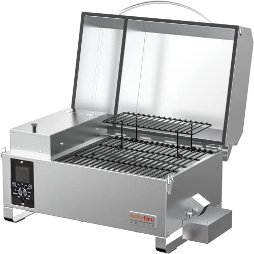 Onlyfire Upgraded Pellet Smoker BBQ Table Top Portable 8 in 1 Multi-Function Outdoor Barbecue Grill for RV Camping Tailgating with Auto Temperature Control, Meat Probe, Stainless Steel