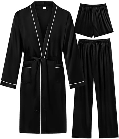 SWOMOG Mens 3 PCS Satin Robe with Pants & Shorts Set Kimono Bathrobe Long Sleeve Sleepwear Pjs Sets with Pockets