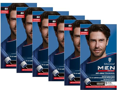 Men Perfect Gel de tinte antigris 80 negro marrón (6 x 80 ml), tinte para el cabello de los hombres que difuminan las canas, tinte antigris para un resultado de aspecto natural