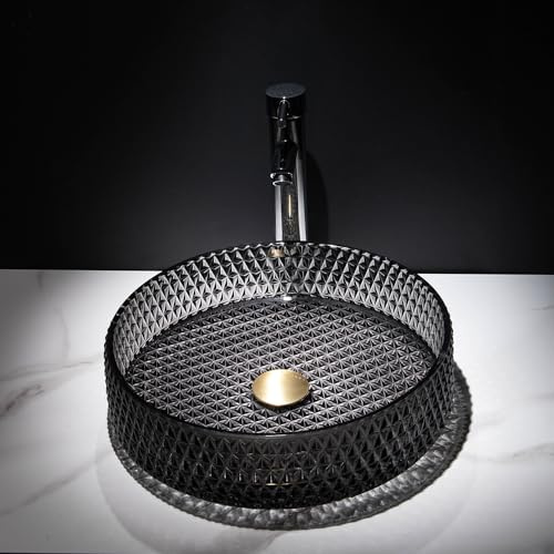 Homary Lavabo vasque rond en verre cristal transparent, apparence diamant, à poser sur un plan, drain à pression, 39 x 11 cm