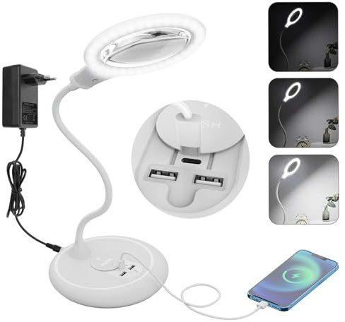 Raweao 5X Lente d'ingrandimento con Luce, Lampada con Lente d'ingrandimento Dimmerabile e Supporto con luce per Anziani Leggono, Hobby, Artigianato - Bianco
