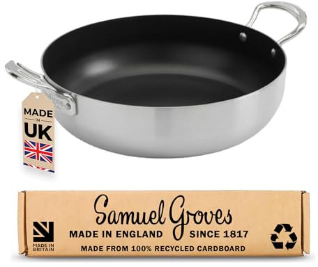 Samuel Groves Stainless Steel Tri Ply Non Stick Chef's Pan Frying Pan Suitable for All Hobs - Made in England (Side Handles 26cm)