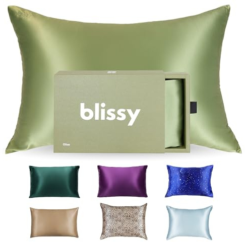 Blissy Silk Pillowcase - 100% Pure Mulberry Silk - 22 Momme 6A High-Grade Fibers - Silk Pillow Cover for Hair & Skin - Regular, Queen & King with Hidden Zipper (Queen, Olive)