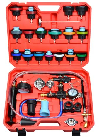 Zoomtools Universal Kylsystem Trycktestare Kit 28 Delar, Kylarvätska Vakuumpåfyllning och Avluftningssats, Kylare Läckasökare Diagnostikverktyg för Bil och Lastbil