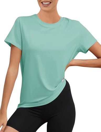 Rapbin Ladies Activewear Workout Athletic Exercise Fitness Short Sleeve Sun Protection Sport Tops Quick Dry Yoga Shirts(Grey Green,M)