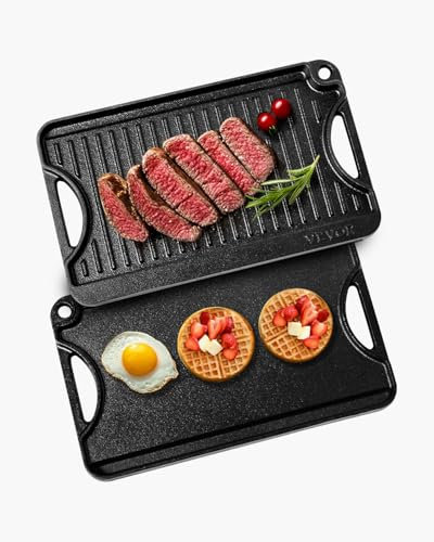 VEVOR Reversible Grill/Griddle, 14x8.5 inch Pre-Seasoned Cast Iron Griddle, Portable Rectangular Pan with Handle, Family Cookware for Indoor/Outdoor Stove Top Burner, Gas, Camping BBQ, Black