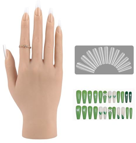 YEEFAIRY Silicone Main D'Entrainement Manucure Kit Mains Artificielles Réalistes de 22 cm et 528 Faux Ongles en Acrylique pour Prothésiste Ongulaire Photographie Présentation (Droite, Peau Beige)