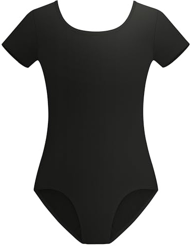 Stelle Black Leotard for Girls Ballet Dance Outfits With Short Sleeve Round Neck Gymnastics Unitards(Black,12-14Y)