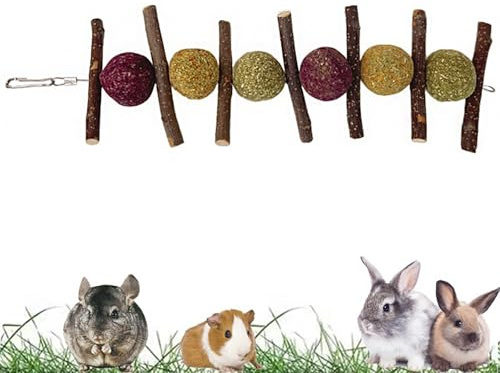 Rynvarl Giocattolo da masticare per roditori, 130 g, palline di fieno naturale e rami di melo, coniglio, criceti, cavia, cincillà
