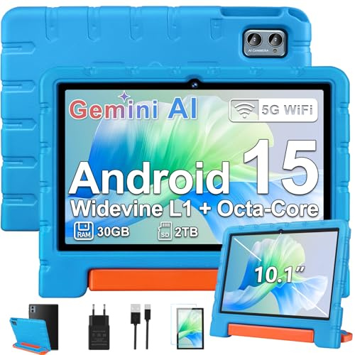 ZIOVO Tablet Bambini 10 Pollici Tablets Android 15, 30GB RAM+64GB ROM(TF 2TB), 5G WiFi Tablets,Gemini AI/Octa-Core/Widevine L1/Face ID/Parentale Controllo/6000 mAh/BT 5.0, Tablet con Eva Caso-Blu