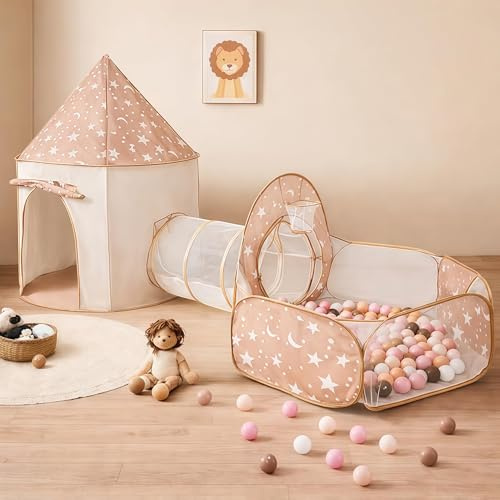 3 in 1 Kids Play Tent with Tunnel, Pop Up Play Tent with Ball Pits for Toddlers Tunnel Toys for Toddlers 1 2 3 Year Birthday Gift, Toddler Tents Indoor/Outdoor Playhouse