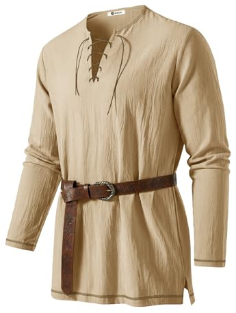Runcati Mens Medieval Pirate Tunic Shirt Renaissance Viking Knight Costume Shirts Lace Up Halloween Warrior LARP Tops Khaki