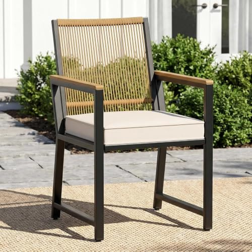 LIFERUN 1er Set Gartenstühle Rattan, Wetterfest, Balkonstuhl mit WPC Armlehne, 1pcs Outdoor Stuhl mit abnehmbar Kissen, Essstühle aus Metall, 160 kg belastbar für Terrasse, Garten, Balkon, Pool, Beige