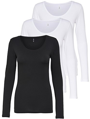 ONLY 3er Pack Damen Langarmshirt schwarz und weiß Langarm Basic Longsleeve Sommer aus 95% Baumwolle XS S M L XL 15209156