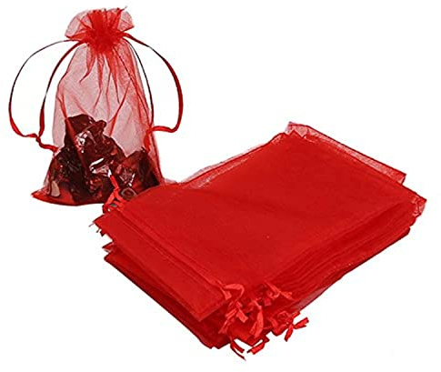 Red Organza Favour Bags 100pcs, 10 x 15cm Organza Gift Pouches Jewellery Drawstring Bags for Holiday Party Favor