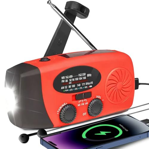Radio Solaire Portable Radio， Radio météo FM/AM/BM SOS Alerte Radio Solaire à manivelle avec Lampe de Poche 3 LED et Chargeur de téléphone USB Power Bank 2000 mAh. pour la randonnée, Le Camping