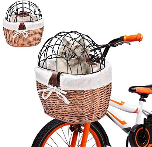 sunflowerany Fahrradkorb aus Weide mit Gitter, Hundefahrradkorb für Gepäckträger aus Weide Natur, Hundekorb für Fahrrad mit Metallgitter Tierkorb Hundekorb