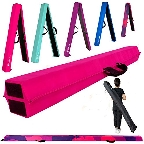Marfula Trave di equilibrio pieghevole in schiuma, extra solida, copertura in pelle scamosciata, fondo antiscivolo, con borsa per il trasporto, per bambini/adulti, per uso domestico (rosa, 1,8 m)