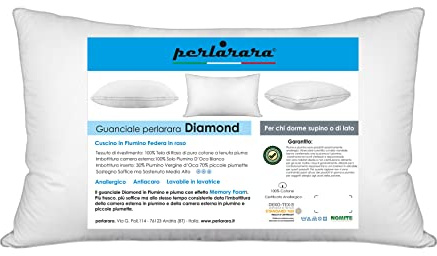 PERLARARA Cuscino in Piuma d'Oca Morbido Diamond (2 pezzi) - Guanciale Alto in Piumino e Piumette con Federa in Raso di Cotone a tenuta Piuma - Ideale per chi dorme di Lato o Schiena