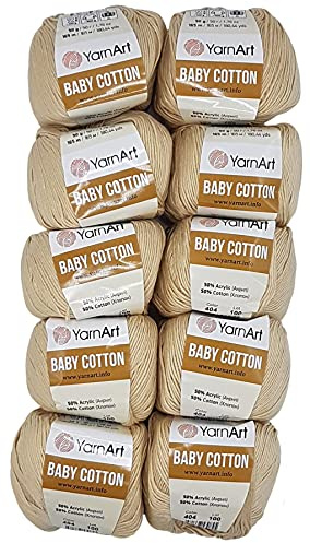 10 x 50g Strickwolle YarnArt Baby Cotton mit 50% Baumwolle, 500 Gramm Wolle einfarbig (beige 404)