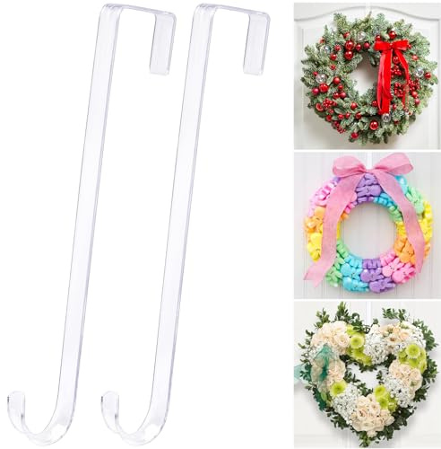 12 Clear Wreath Hangers for Front Door, 2 Pack Over Door Hooks Non-Scratch
