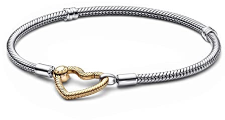 PANDORA Moments Herzverschluss Schlangen-Gliederarmband aus Sterling-Silber und 14 Karat vergoldeter Metalllegierung - kompatibel Moments Armbänder - Größe: 16cm