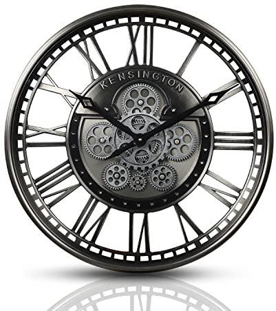 Wanduhr mit echtem Bewegungsgetriebe Zahnrädern römische oder arabische Ziffern (Römische Zahlen, Silber)