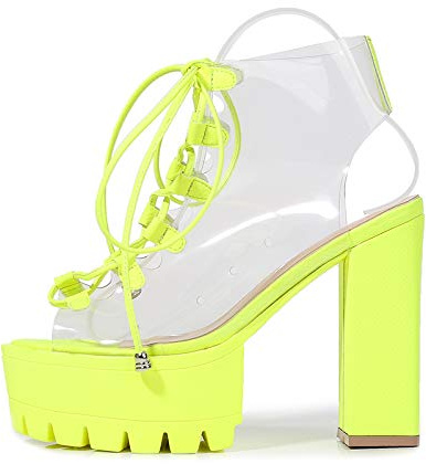 azmodo Neon Green Platform Sandals for Women Strappy Y2K Chunky Heel Sandals, Transparent Adjustable Buckle Straps, Comfortable Party Clubwear Shoes for Night Out, Summer Fashion (Green, 7/7.5 UK)
