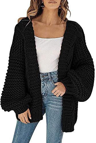 Cicy Bell Women's Open Front Chunky Knit Cardigans Loose Lantern Sleeve Oversized Sweater Coats Black XL